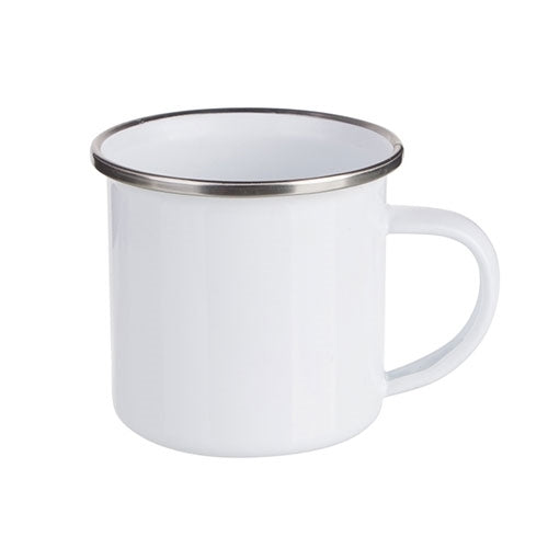 Personalised white enamel camping mug 12oz with stainless steel rim