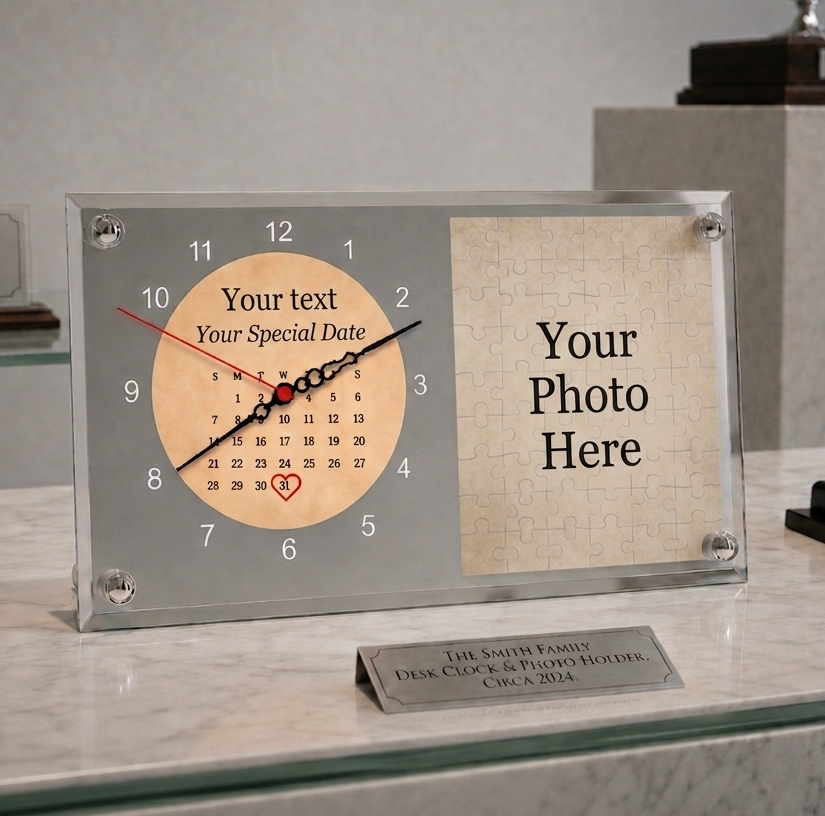 Personalised Glass Desk Clock with Calendar Design