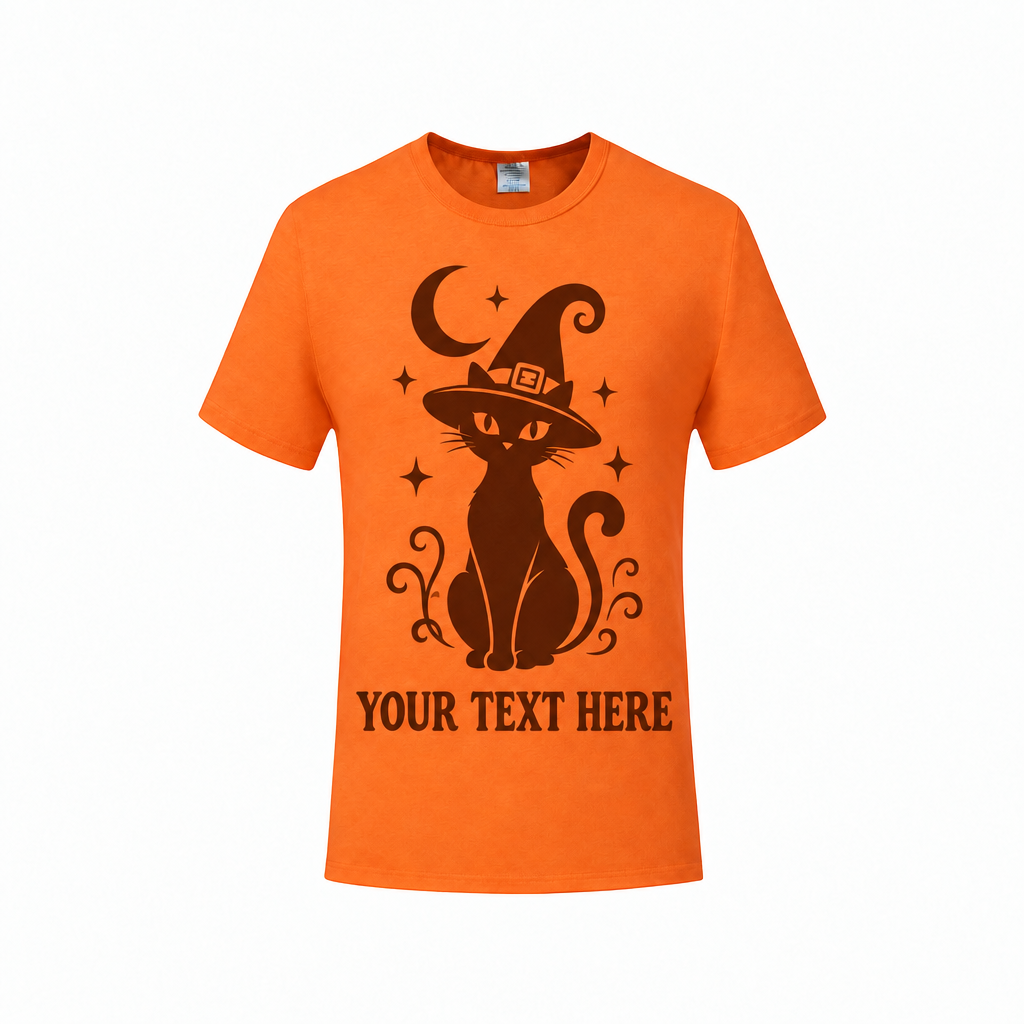Witchy Cat orange T-shirt with text placeholder