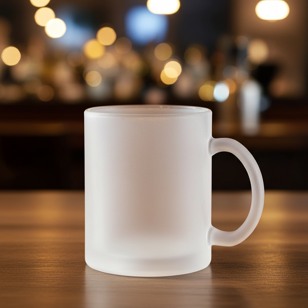 Personalised Frosted glass mug on wooden tabletop