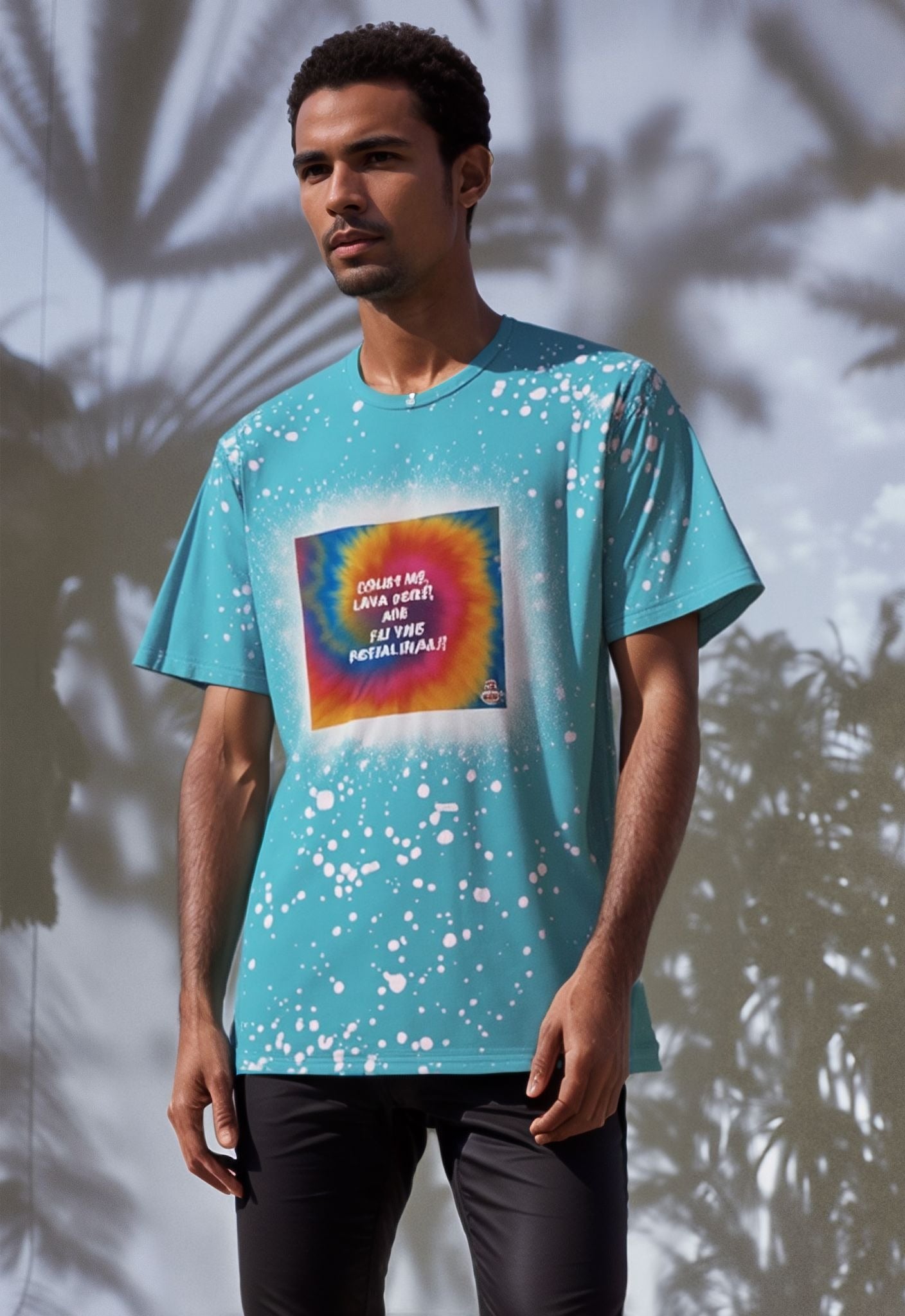 Aqua personalised bleached splatter t-shirt with custom design - sample