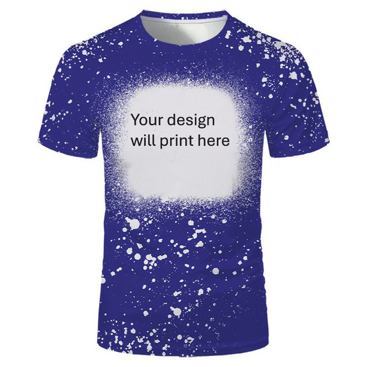 Blue personalised bleached splatter t-shirt with custom design