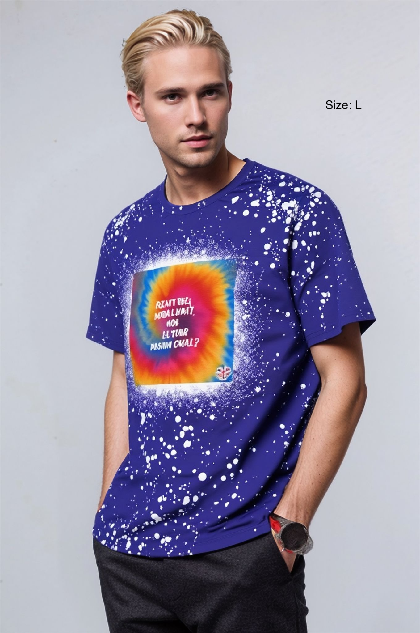 Blue personalised bleached splatter t-shirt with custom design - sample