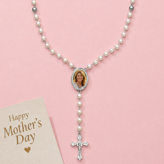 Personalised Pearl Rosary Necklace with Photo Medallion