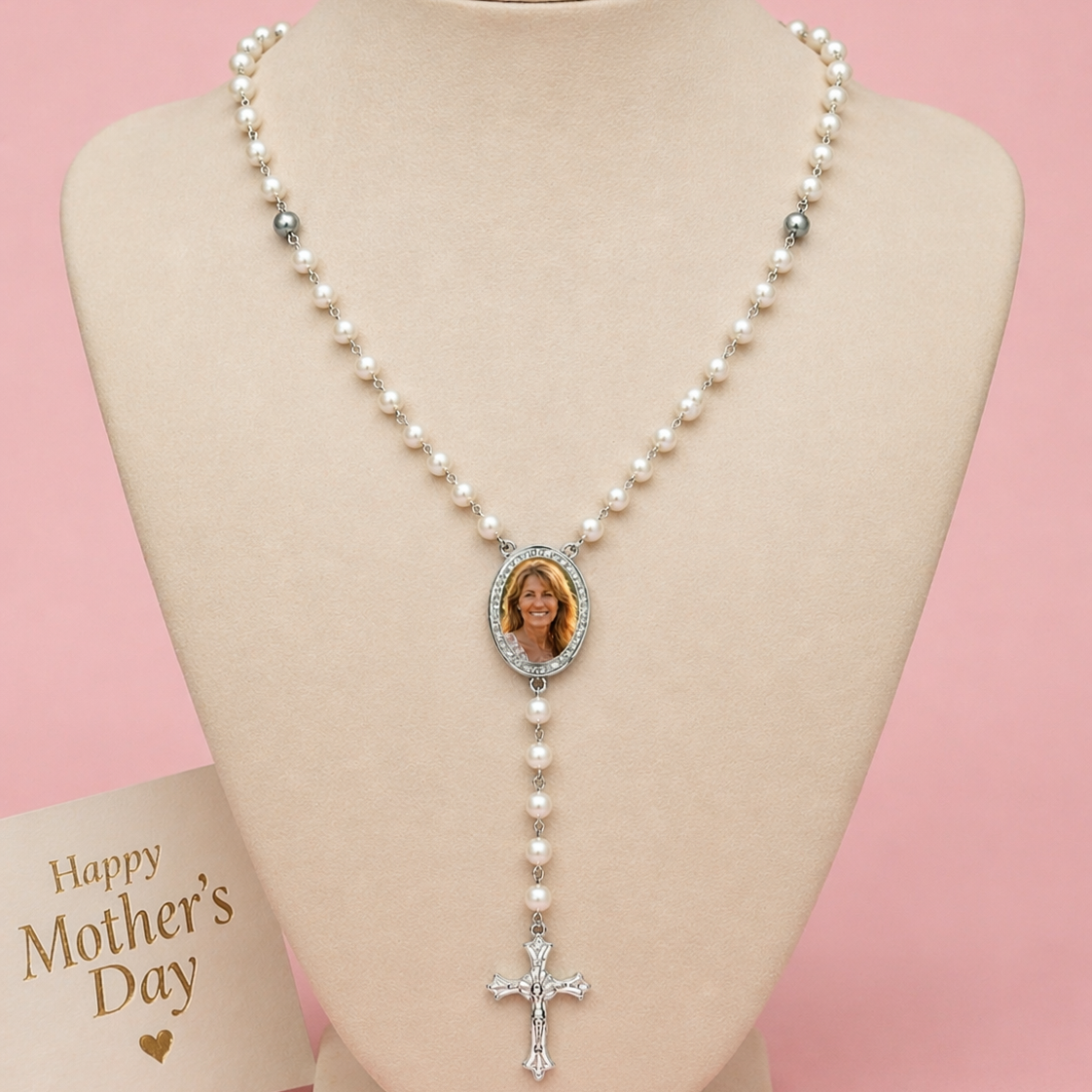 Personalised Pearl Rosary Necklace with Photo Medallion