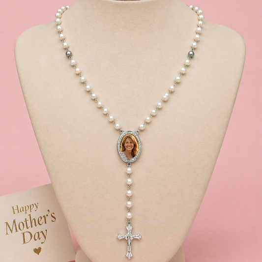 Personalised Pearl Rosary Necklace with Photo Medallion