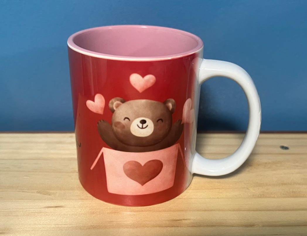 Pink coloured mug with custom photo sample design