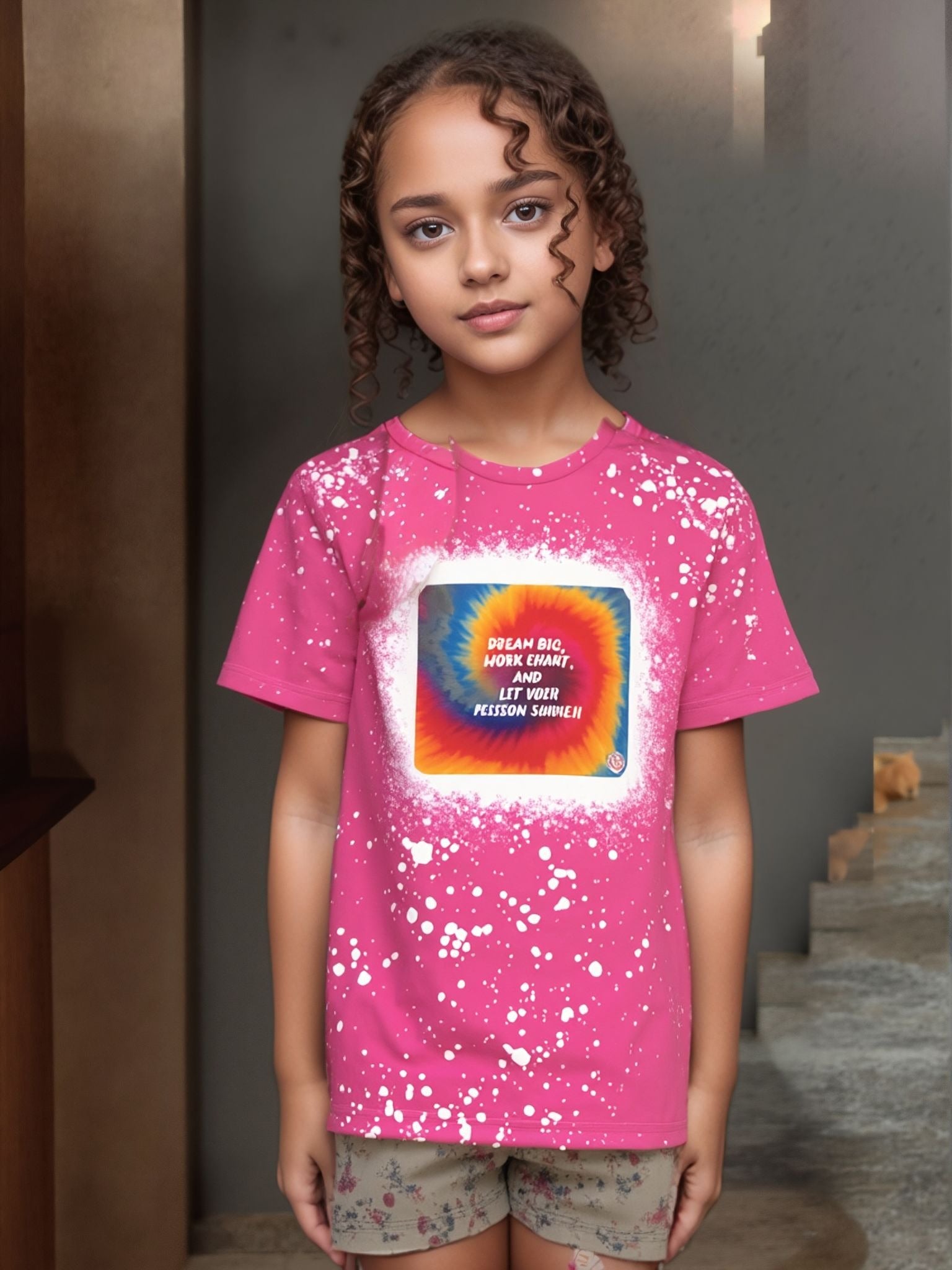 Pink personalised bleached splatter t-shirt with custom design - sample