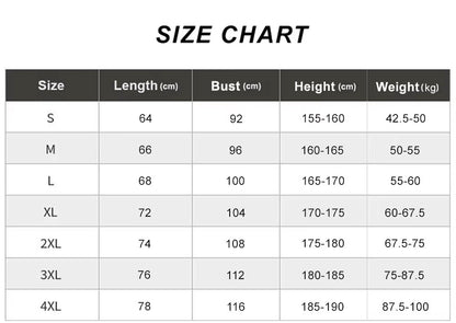 Personalised polo shirt size chart