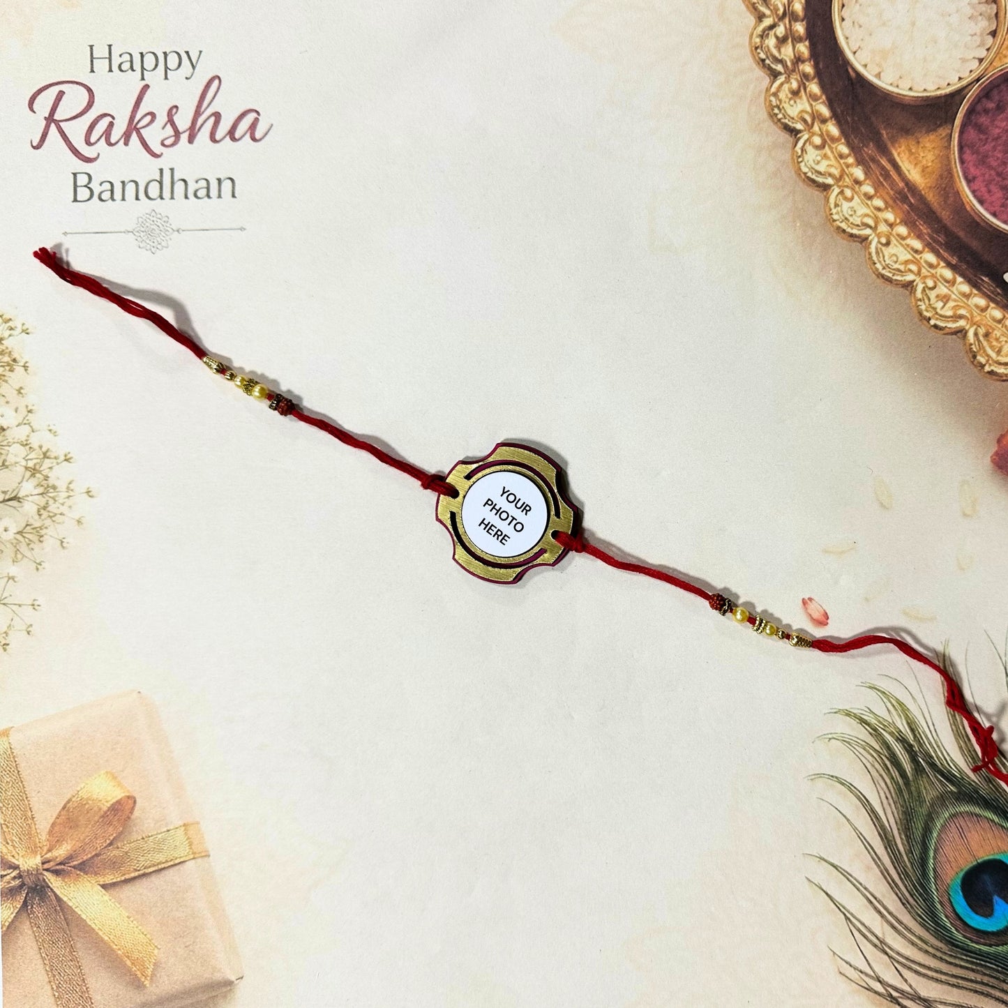 Personalised Scalloped Circle Golden Rakhi | Free Delivery