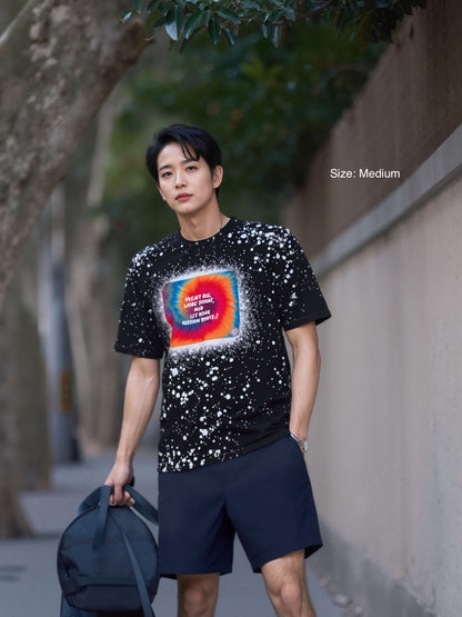 Black personalised bleached splatter t-shirt with custom design - male model