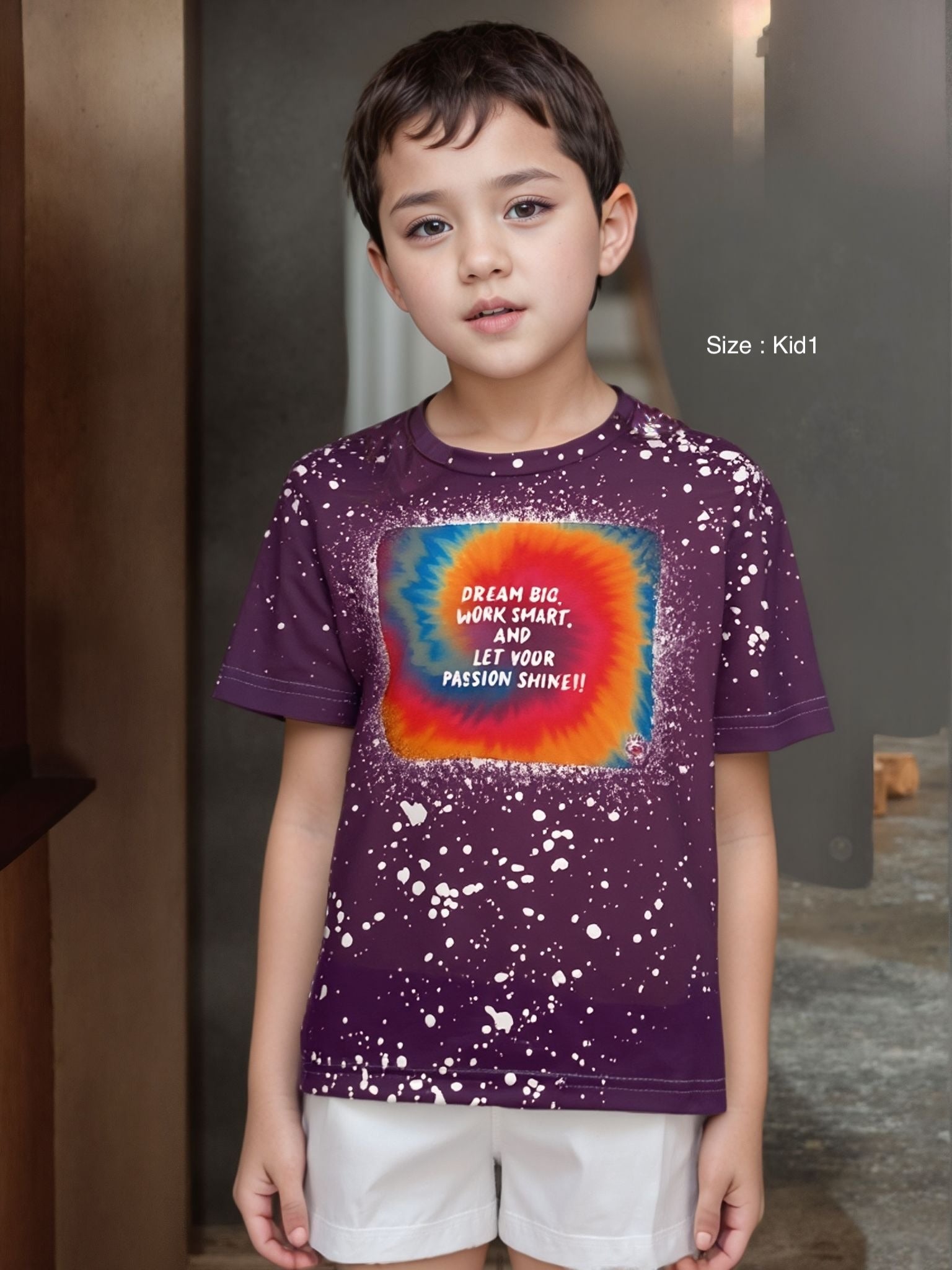 Purple personalised bleached splatter t-shirt with custom design sample
