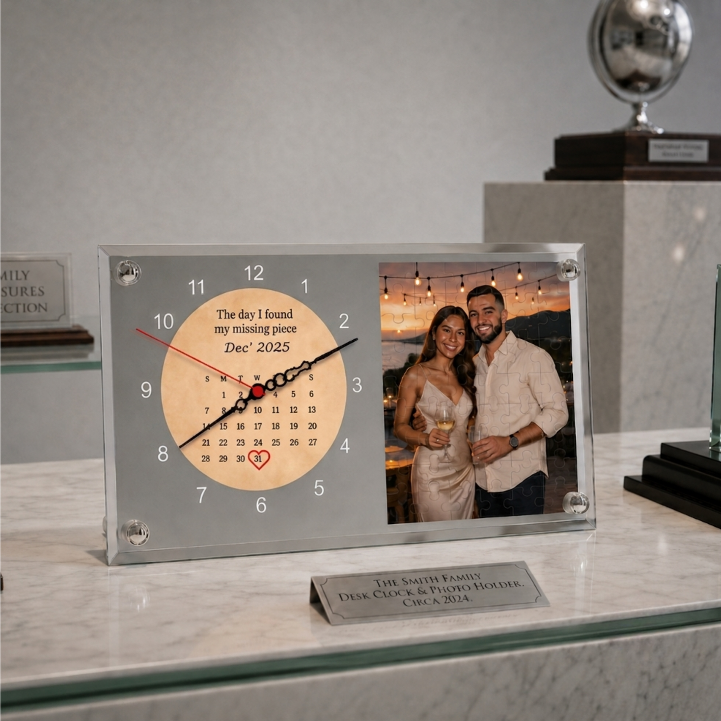 Personalised Glass Desk Clock with Calendar Design