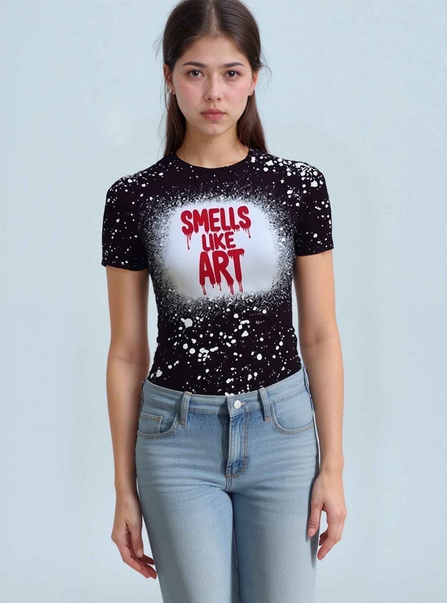 Black personalised bleached splatter t-shirt with custom design - sample