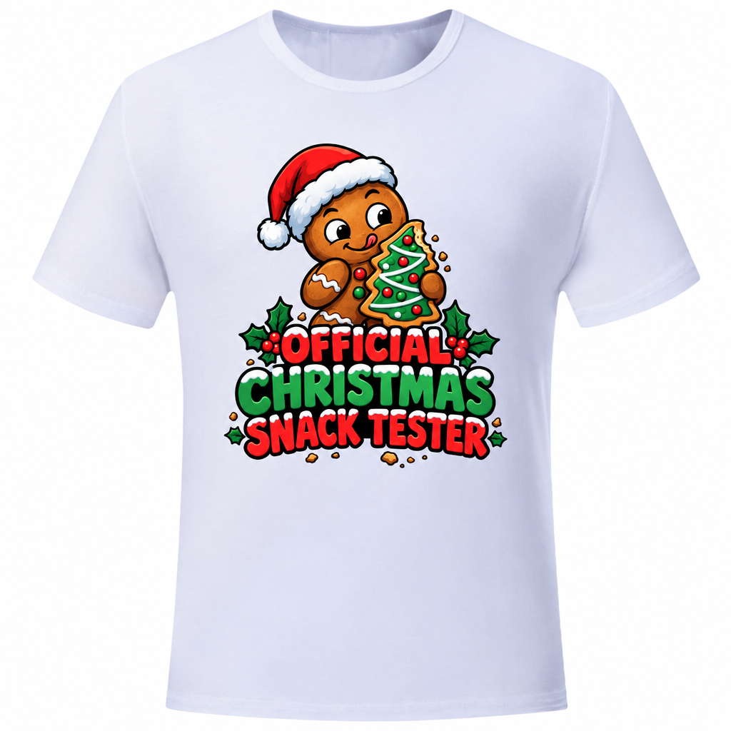 Christmas Snack Tester design on a white T-shirt