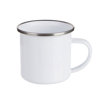 Personalised white enamel camping mug 12oz with stainless steel rim