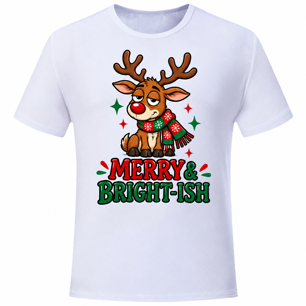 Merry and Bright-ish design on a white T-shirt