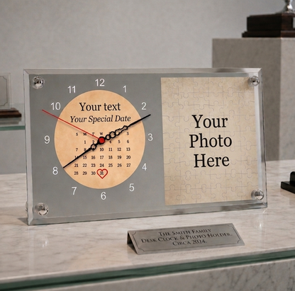 Personalised Glass Desk Clock with Calendar Design