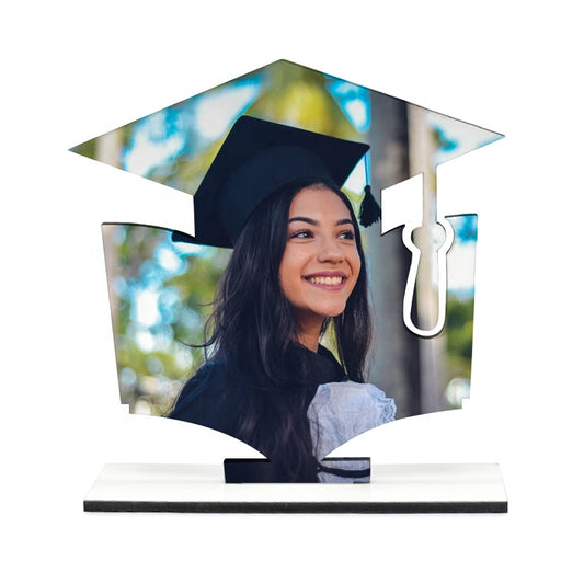 Personalised graduation hat photo display with sample photo
