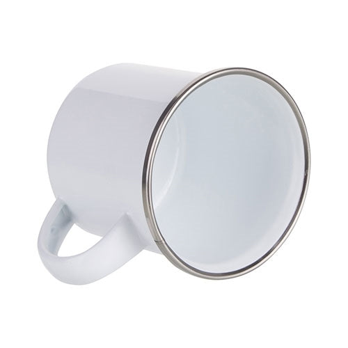 Personalised white enamel camping mug 12oz with stainless steel rim - interior view