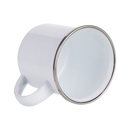 Personalised white enamel camping mug 12oz with stainless steel rim - interior view
