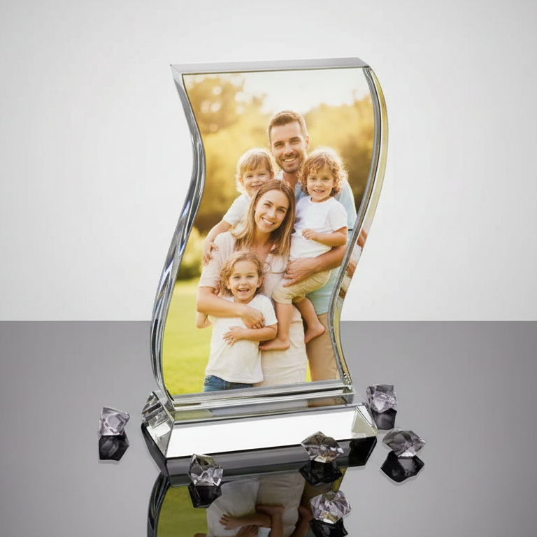 Personalised Glass Crystal Photo Block - Wave Shape - Family Sample Image