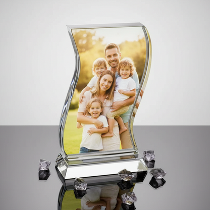 Personalised Glass Crystal Photo Block - Wave Shape - Family Sample Image
